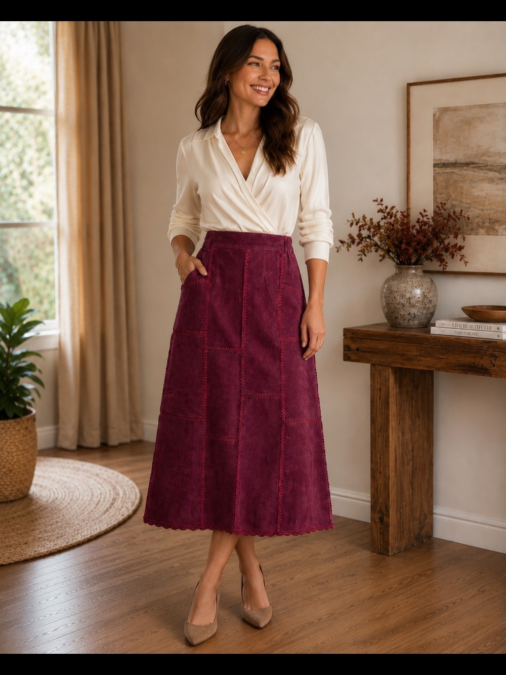 Women’s Krosgetta Suede Leather Burgandy Patchwork Midi Skirt in Wine Large